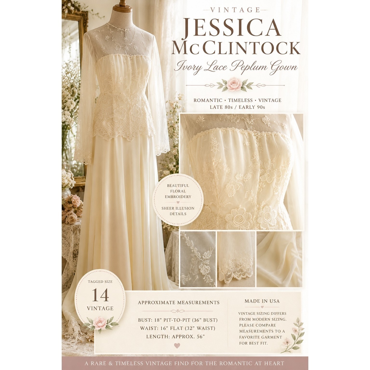 Vintage Jessica Mcclintock Wedding Dress Size 14 Ivory Lace Sheer Sleeve Bridal